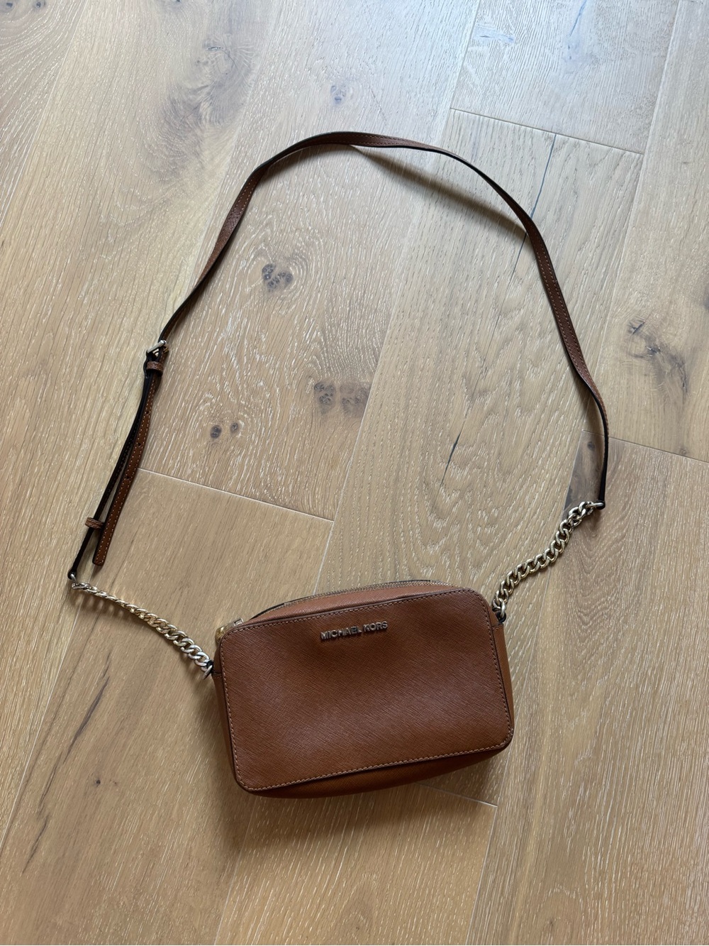 Michael Kors Cognac Leather Crossbody with Gold Chain